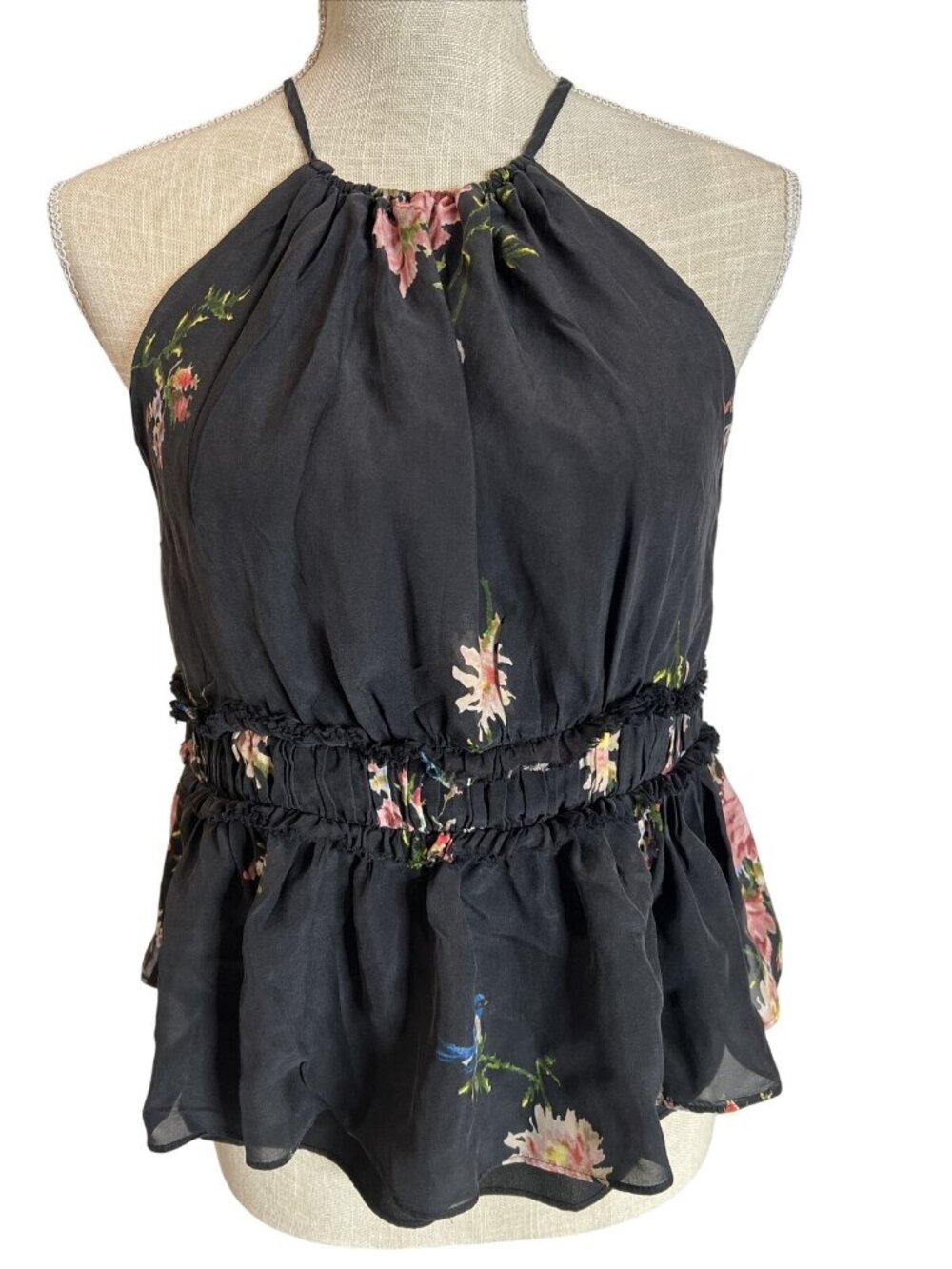 Joie Whimsical Floral Halter Top With Playful Bird Accents XS